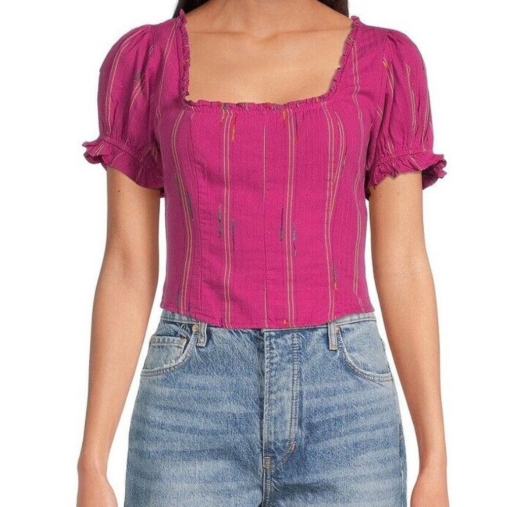 Free People Pink Puff Sleeve Top Size S